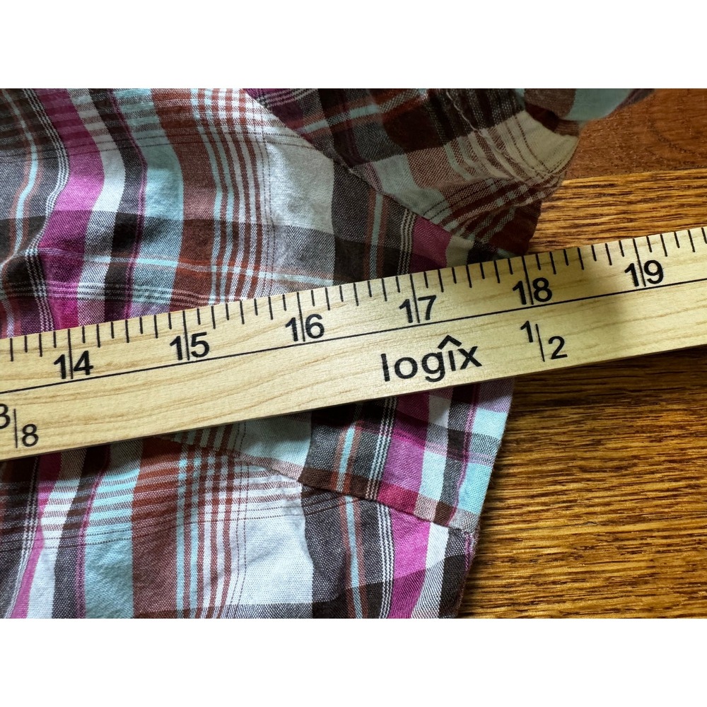 Charlotte Russe Plaid Ruffle Front Button Down Short Sleeve Top Pink Teal Size M - Picture 7 of 7